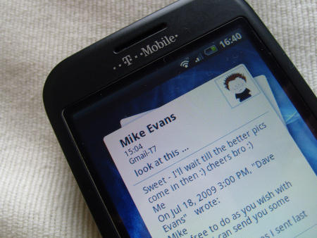 HTC Rosie interface on the G1 showing email