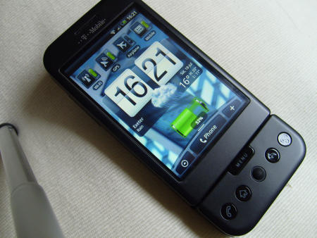 T-Mobile G1 with HTC Hero interface showing home page