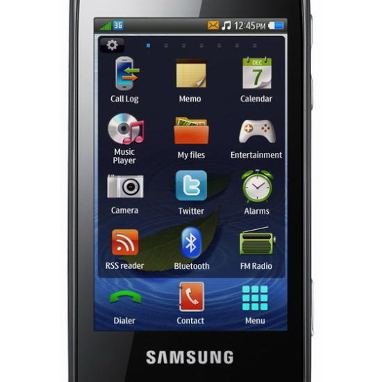 Samsung Bada mobile phone showing homescreen