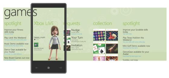 Windows Phone 7 Series showing Game Hub