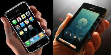 Apple iPhone and LG K850 Prada mobile phones showing similar interfaces