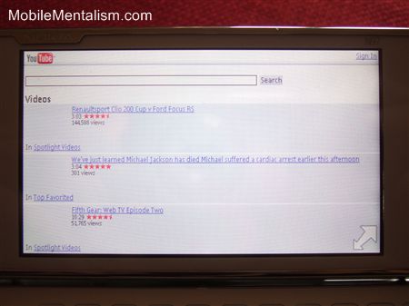 Nokia N97 smartphone showing YouTube