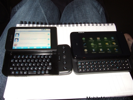 Nokia N900 and T-Mobile G1 Android phone side by side comparison