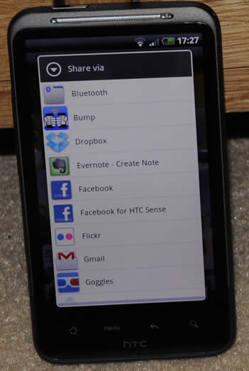 Sharing options on  the HTC Desire HD